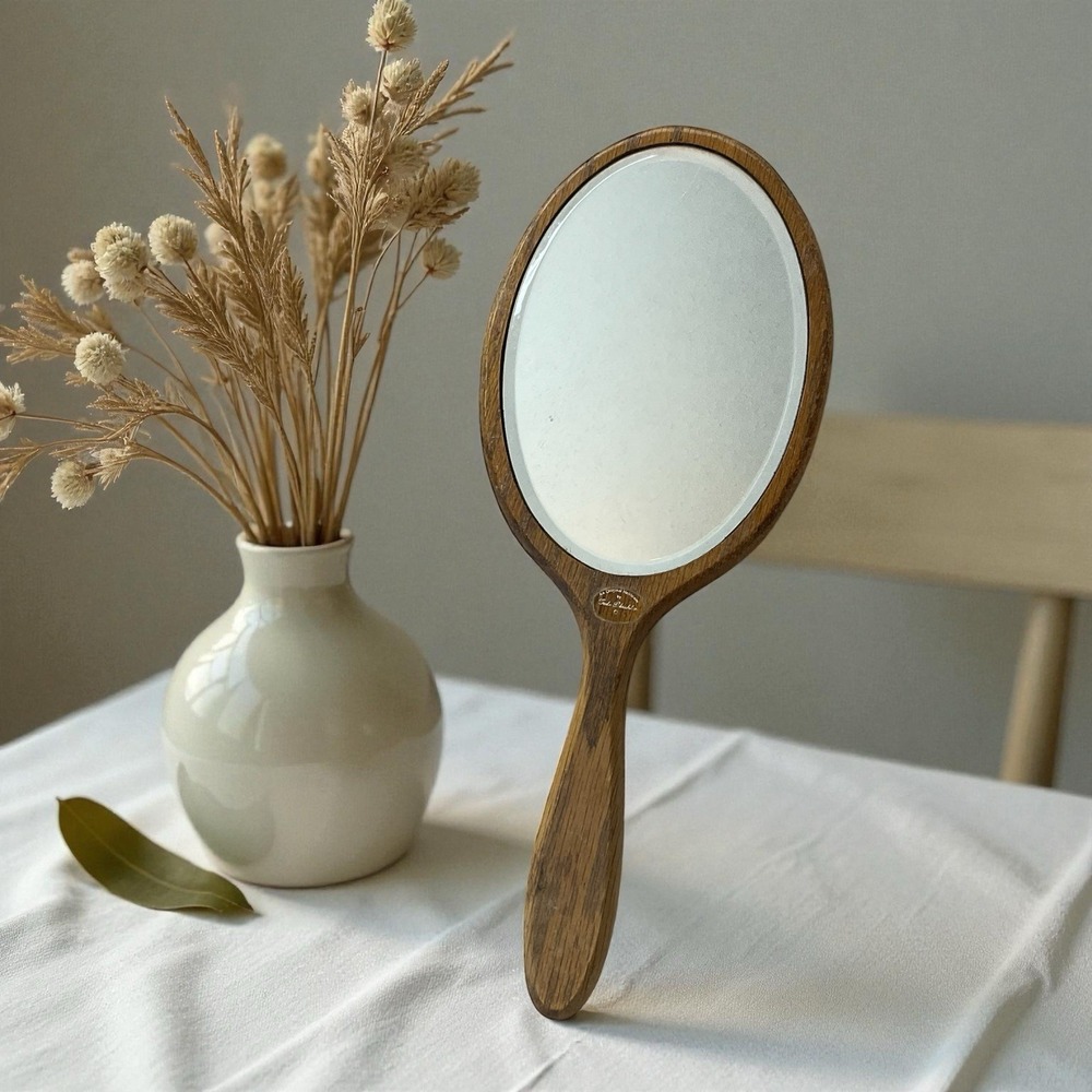 Vintage Wooden Hand Mirror, Beveled,  handpainted Floral Design - Artist‎ Signed